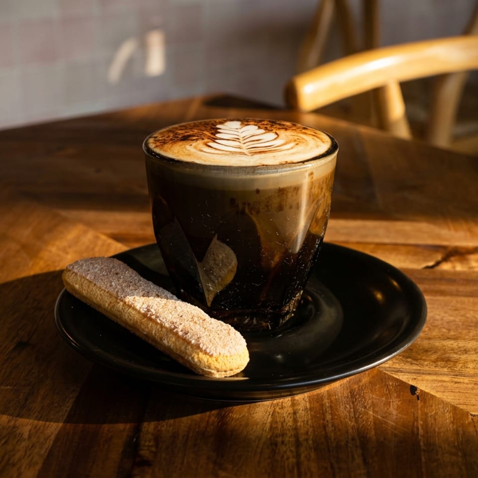 Latte with leaf-shaped foam art and a sugar-coated biscuit on a black saucer atop a rustic wooden café table.