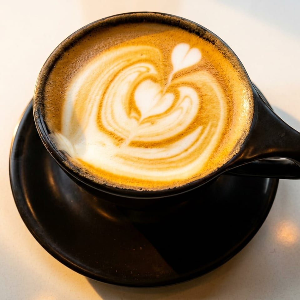 Black ceramic cup and saucer holding a latte with heart-shaped foam art on a sunlit tabletop.