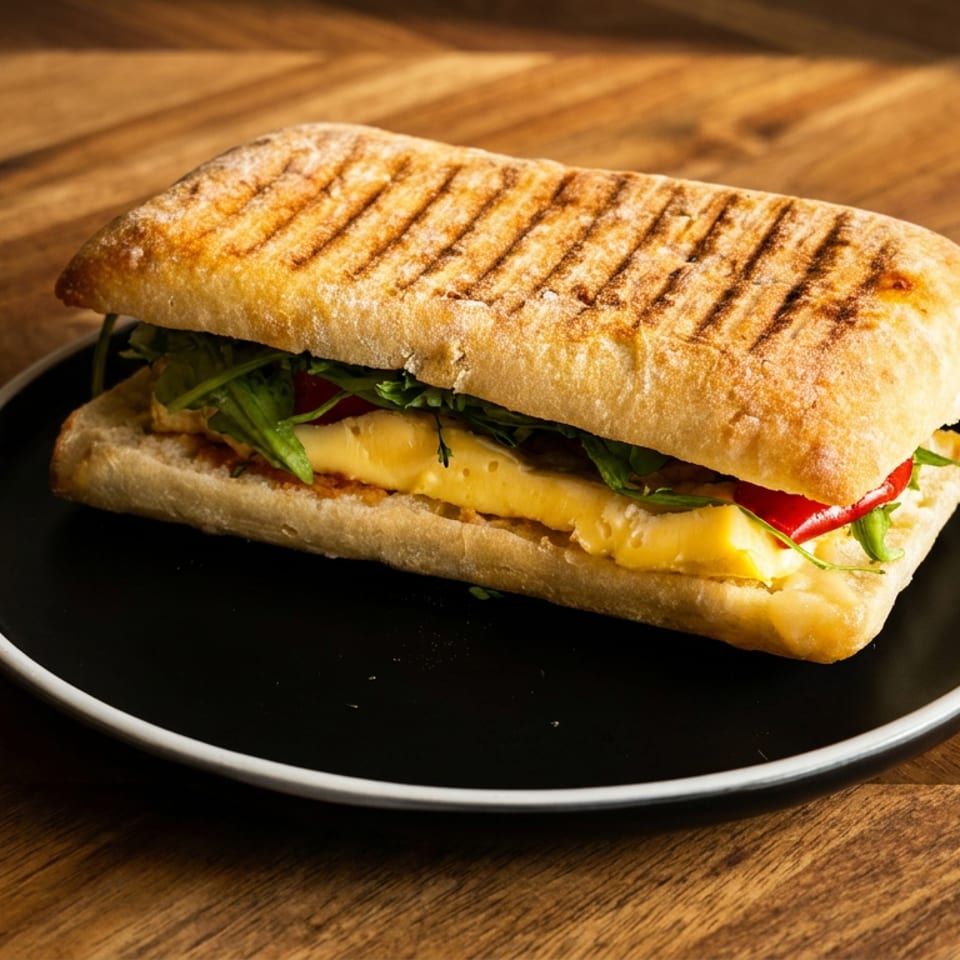 Grilled ciabatta sandwich filled with melted cheese, leafy greens, and tomato, served on a black plate atop a wooden table.