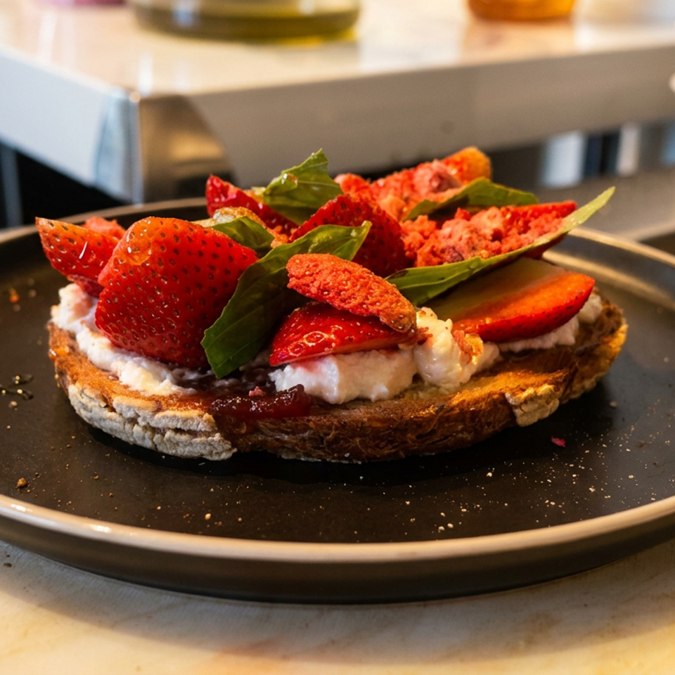Open-faced toast topped with whipped cream, fresh strawberries, red fruit slices, leafy greens, and crunchy red garnish on a black plate.