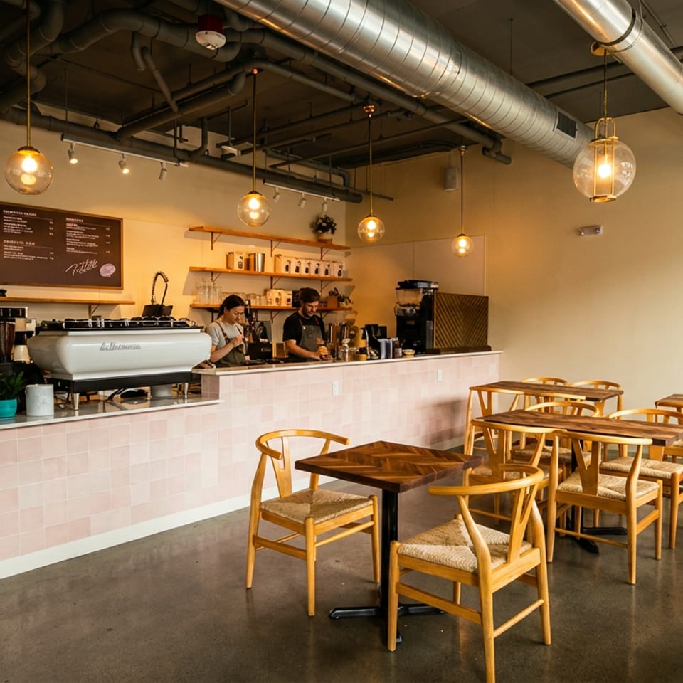 Bright modern café interior with pink-tiled counter, espresso machine, two baristas, wooden tables, and pendant lighting.