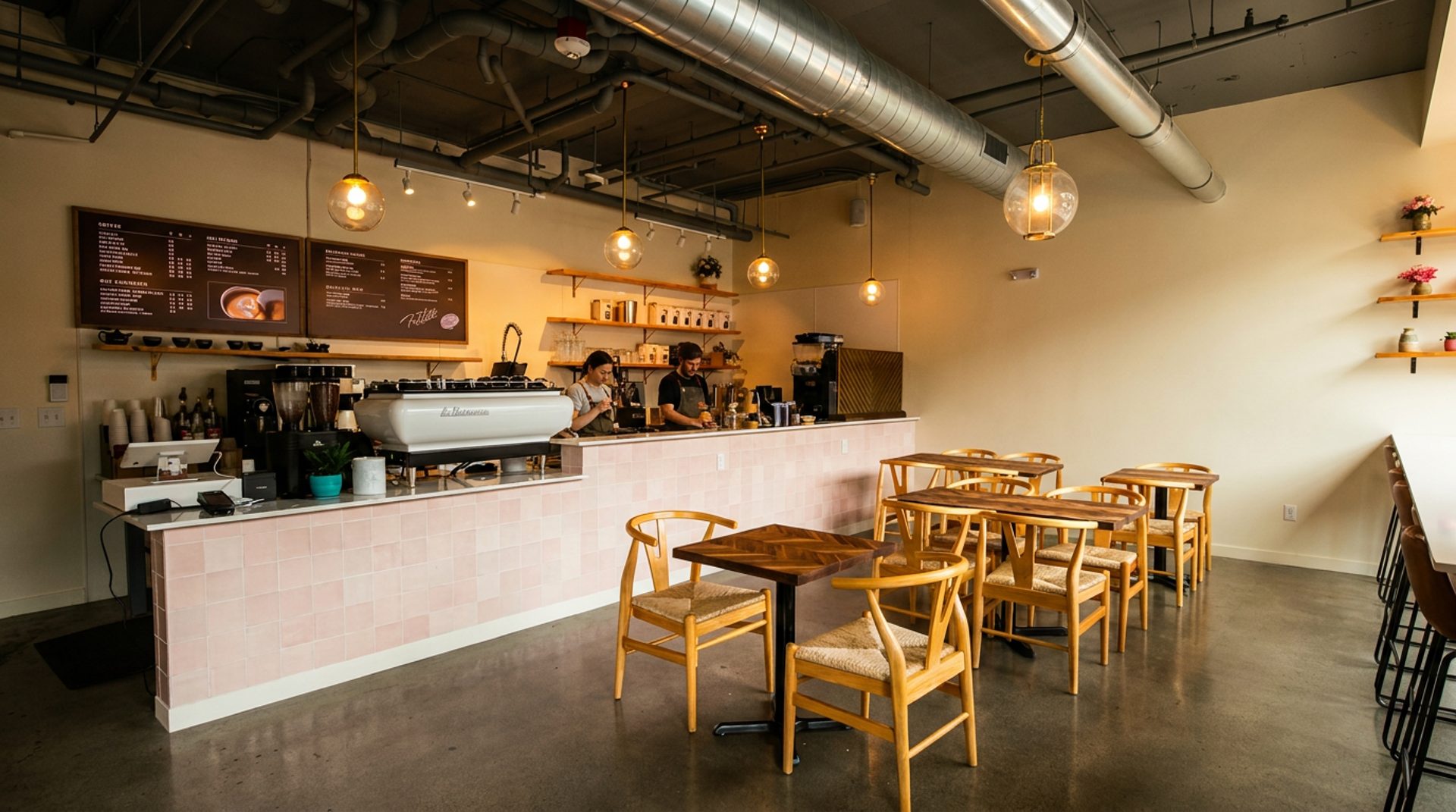 The pink-tiled counter