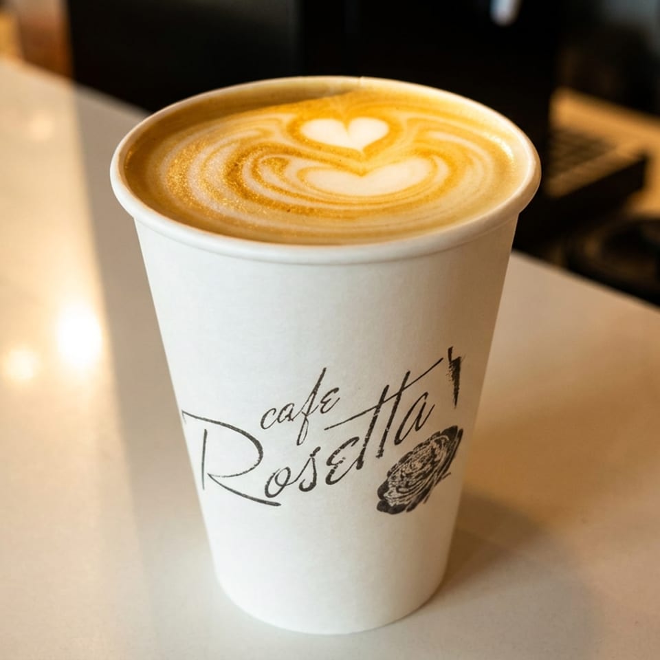 Latte with heart-shaped foam art in a Café Rosetta branded takeaway cup on a warmly lit café counter.