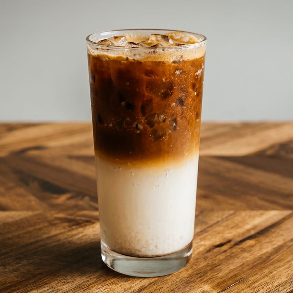 Layered iced coffee with milk served in a tall glass on a rustic wooden table.