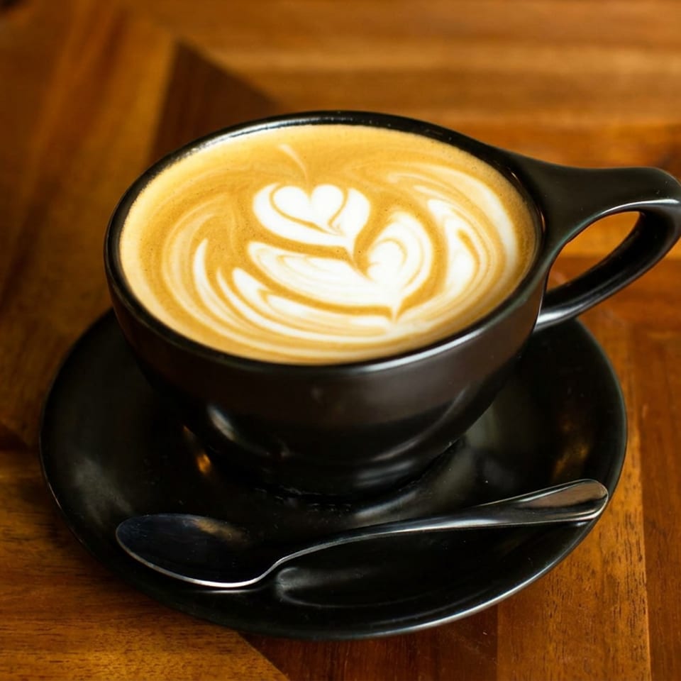 Black cup of latte with heart-shaped foam art on a saucer and spoon atop a warm wooden table.