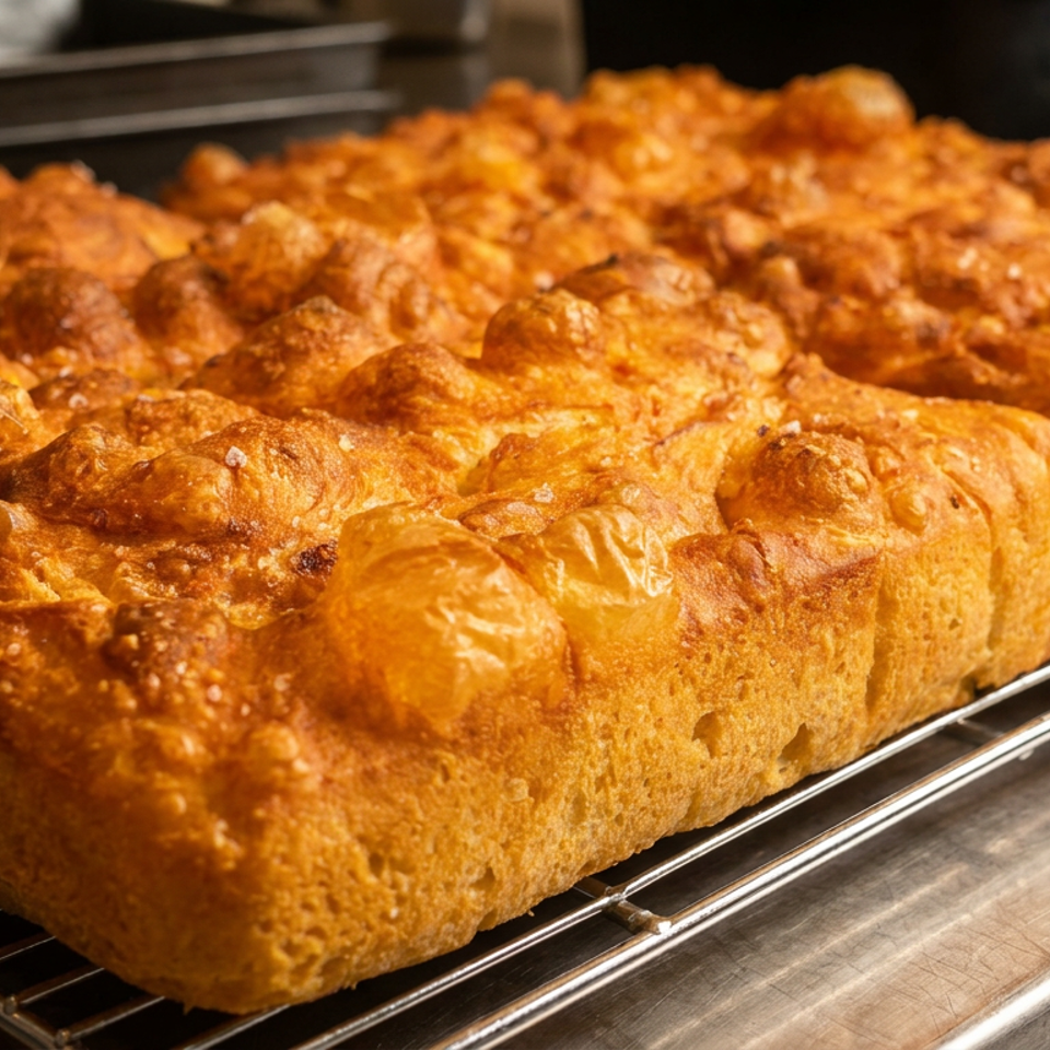 Golden-brown focaccia loaves with dimpled, crisp tops cooling on wire racks in a bakery.