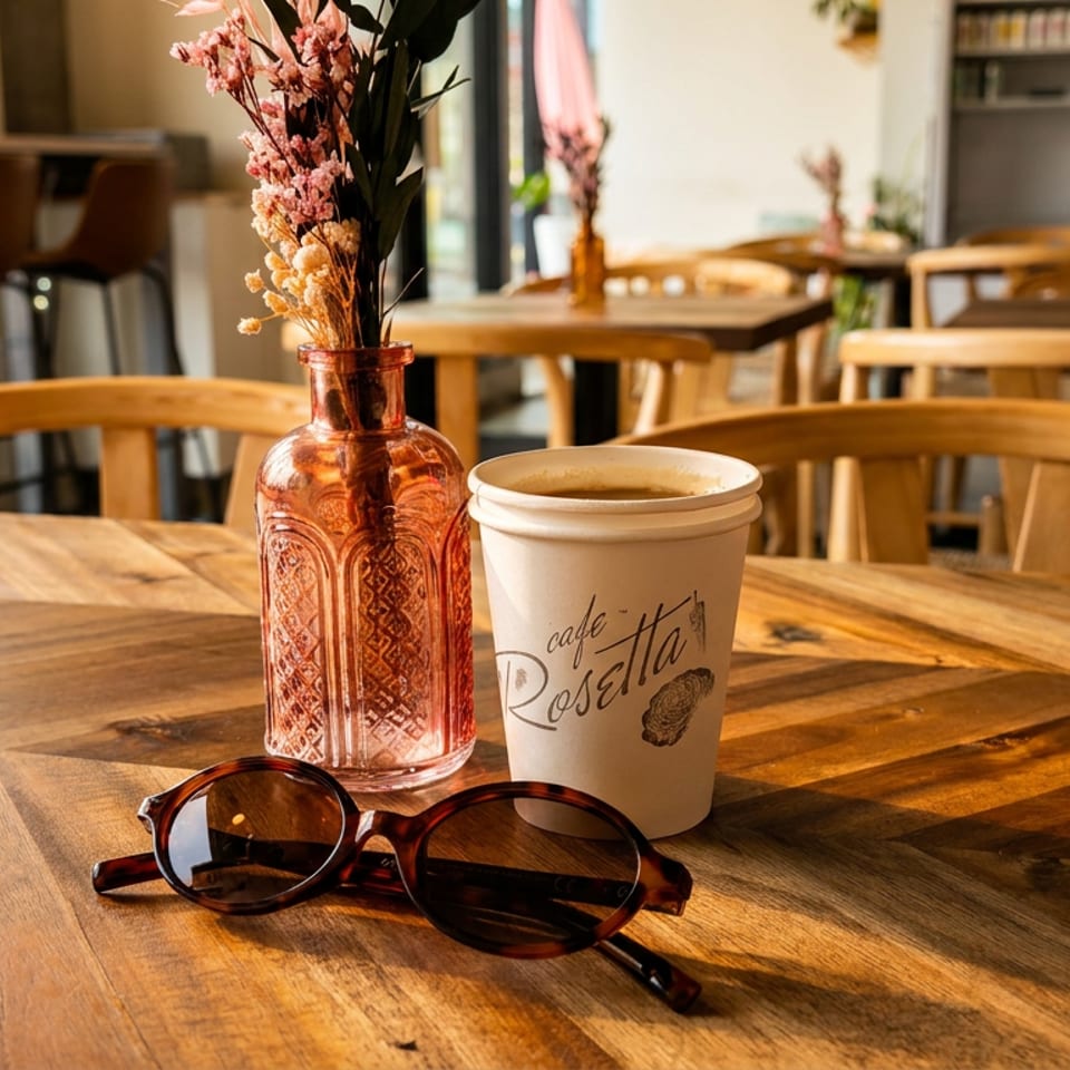 Sunlit café table with coffee cup, decorative flower vase, and sunglasses, surrounded by wooden seating.