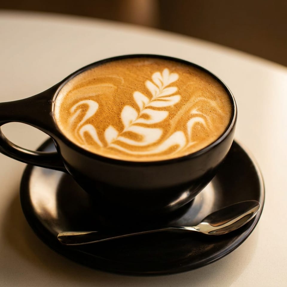 Black cup of cappuccino with leaf-shaped latte art on a saucer and spoon, resting on a warmly lit table.