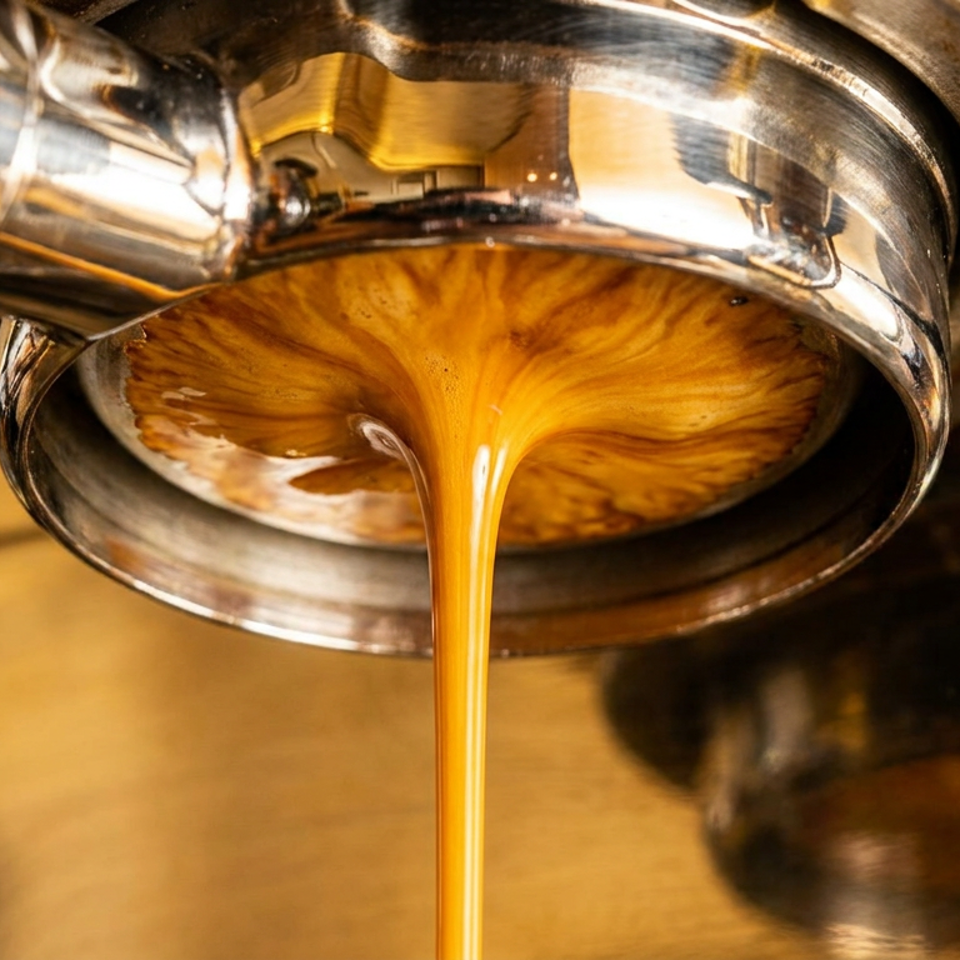 Close-up of golden espresso streaming from a polished commercial coffee machine.